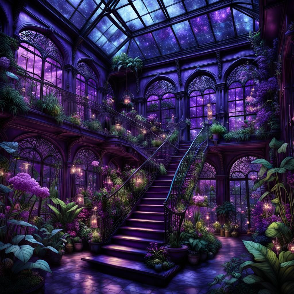 Lush Purple Glasshouse Interior at Night