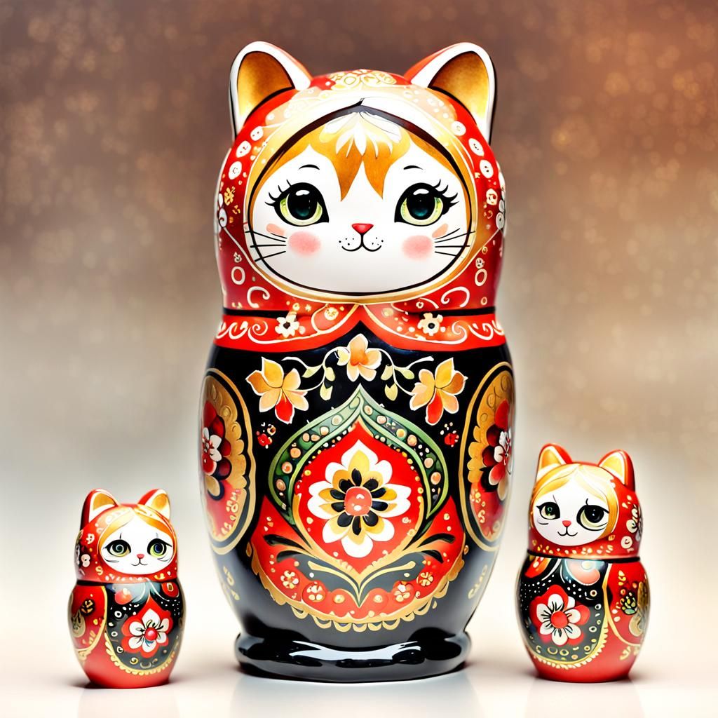 Whimsical Watercolor Matryoshka Cat Doll in Khokhloma Style