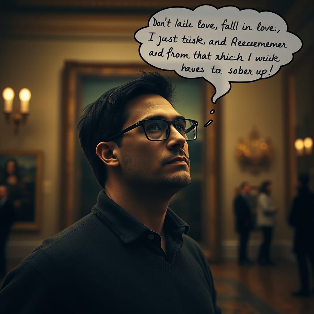 Man Contemplates Mona Lisa in Hyperrealistic Style