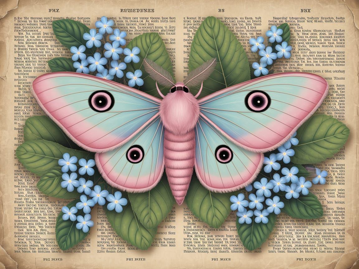Pastel Moth with Forget-Me-Nots in Botanical Style