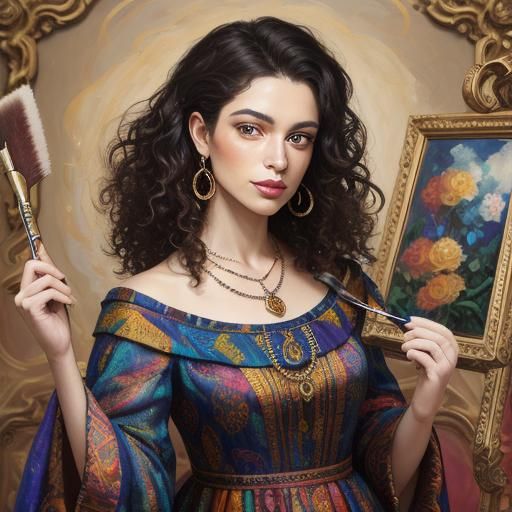 Baroque Portrait of Woman Surrounded by Art Supplies