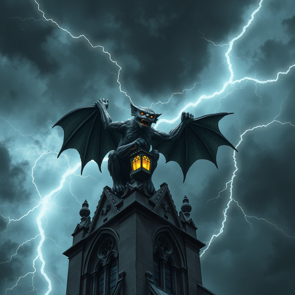 Gothic Gargoyle Embraces Lightning Storm, Dark Fantasy Aesth...