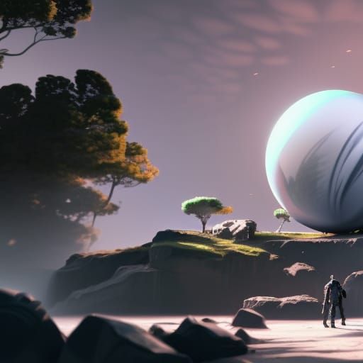 Mysterious Obsidian Sphere in Landscape: Art Nouveau Style