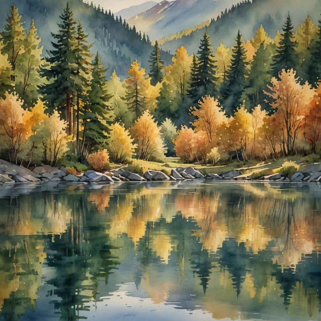 Watercolor Lake Landscape with Sunlight and Reflections