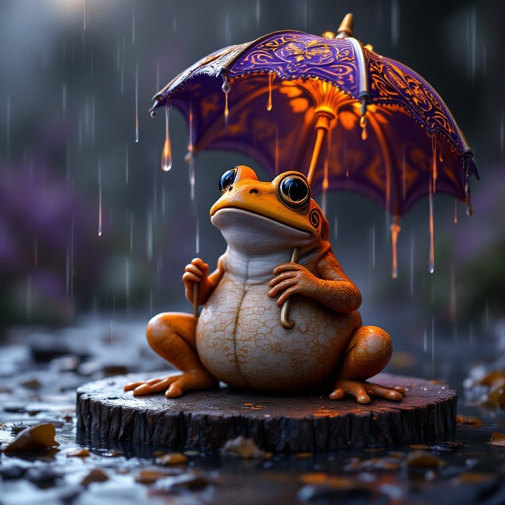 Ornate Frog Under Umbrella: Digital Wood Carving