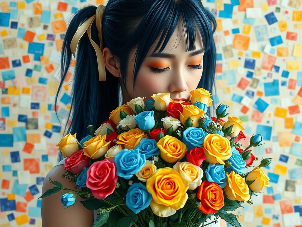 Woman in Mosaic Hair with Roses in a Dreamlike Digital Paint...