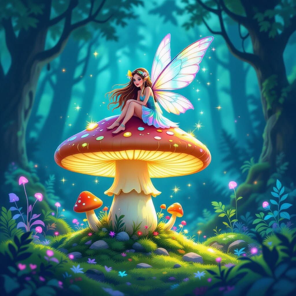 Whimsical Fairy on Bioluminescent Mushroom in Cartoon Style