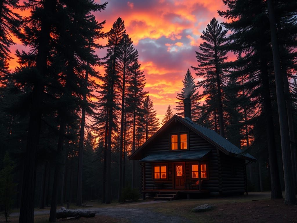 Serene Log Cabin Amidst Sunset Forest