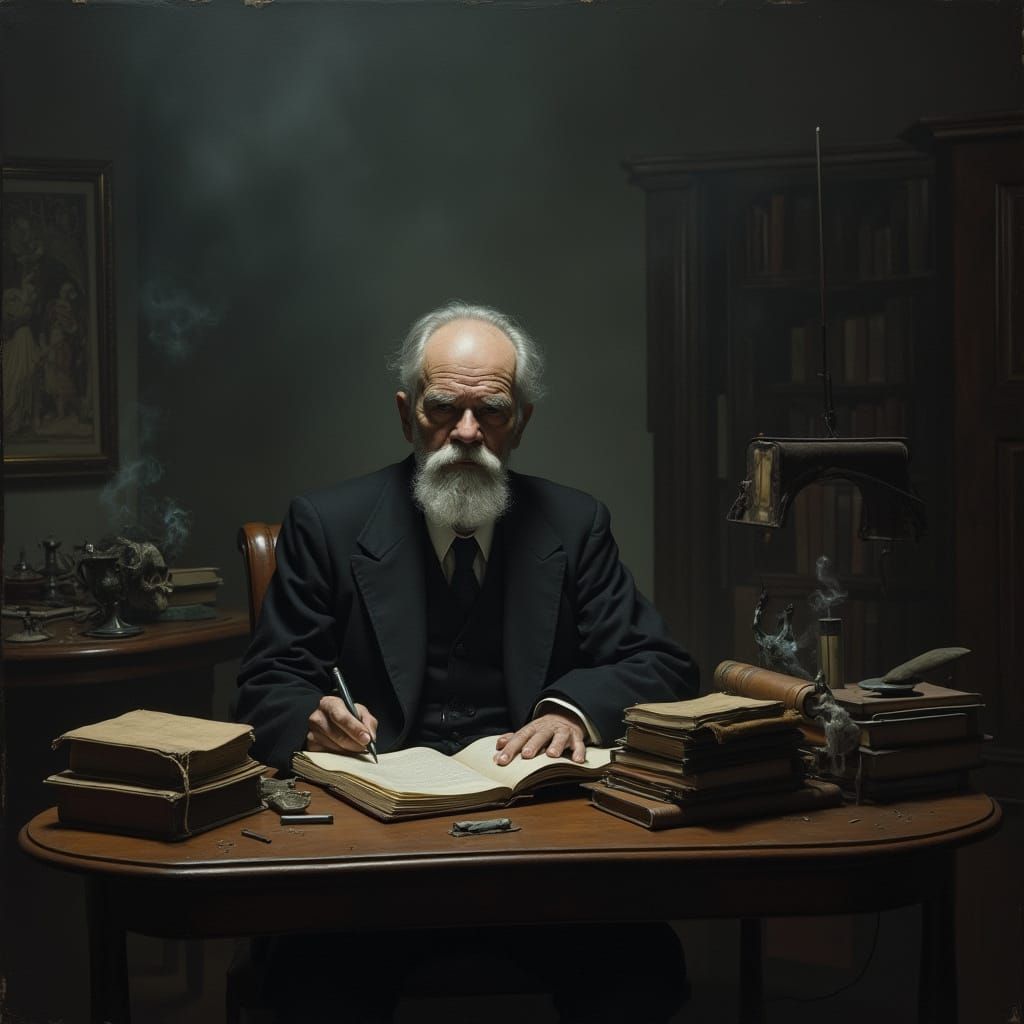 Sigmund Freud in a Beksiński-Inspired Study