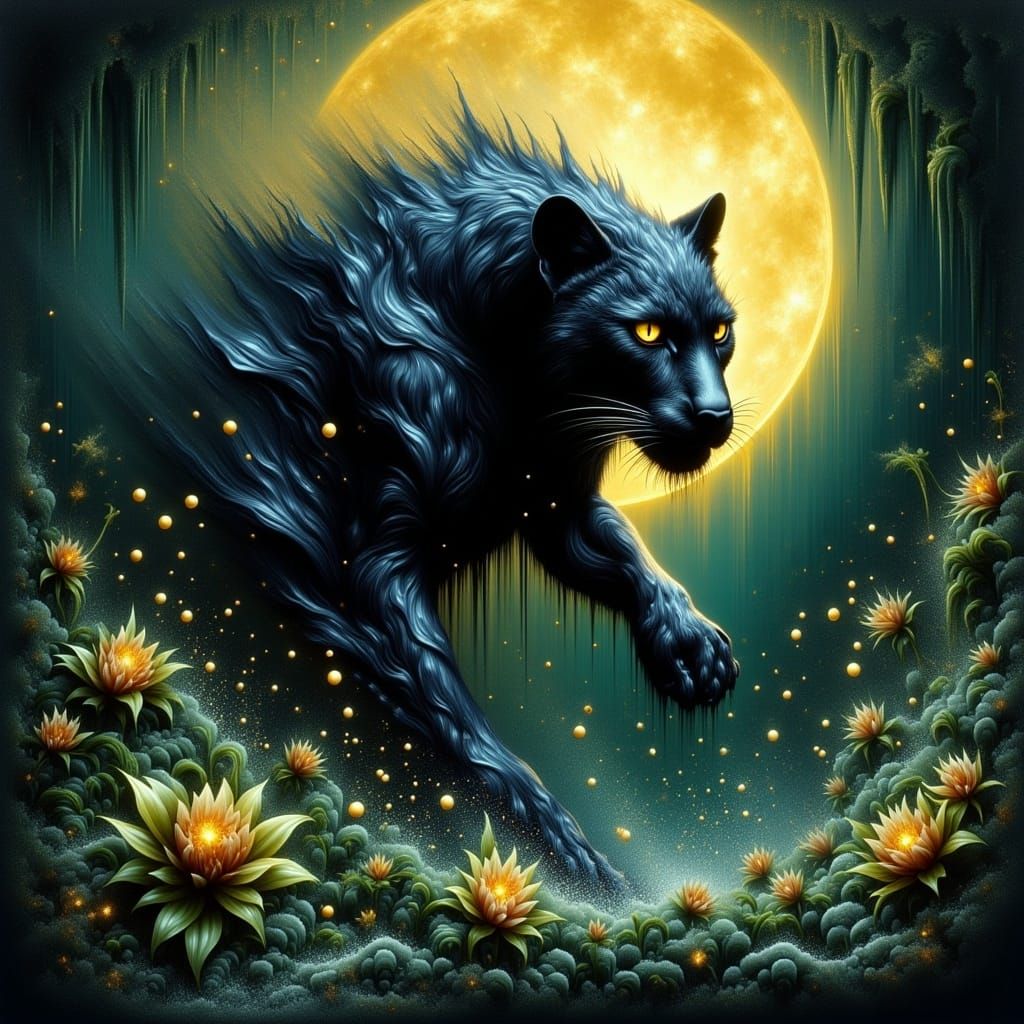 Dynamic Black Panther Leaping from Jungle, Digital Art