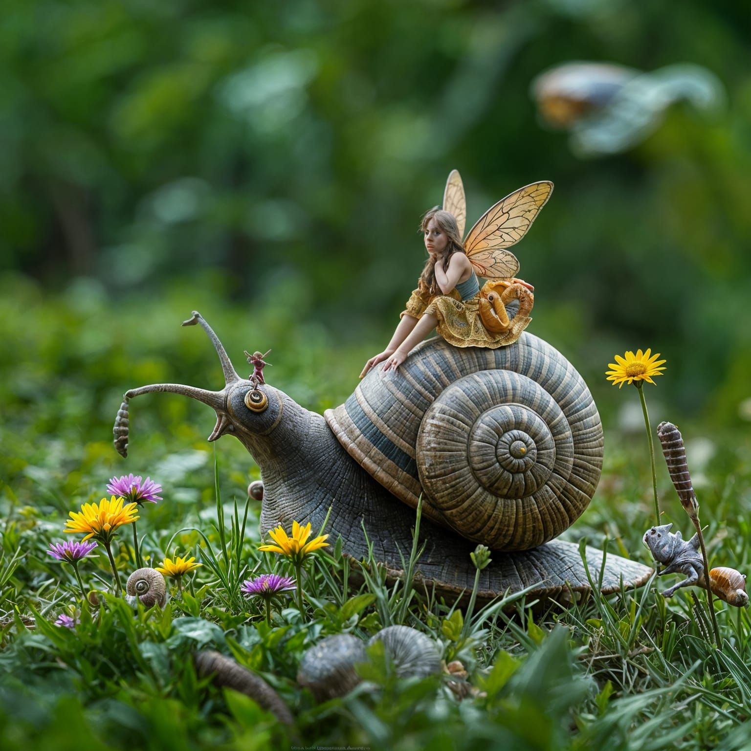 Fairy Rides Giant Snail Through Colorful Meadow
