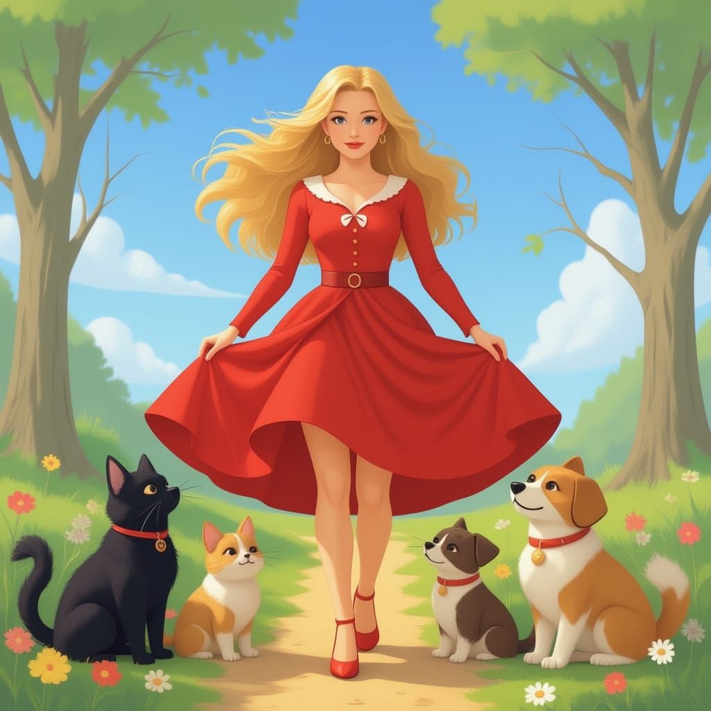 Woman in Red with Cats and Dogs in Storybook Style