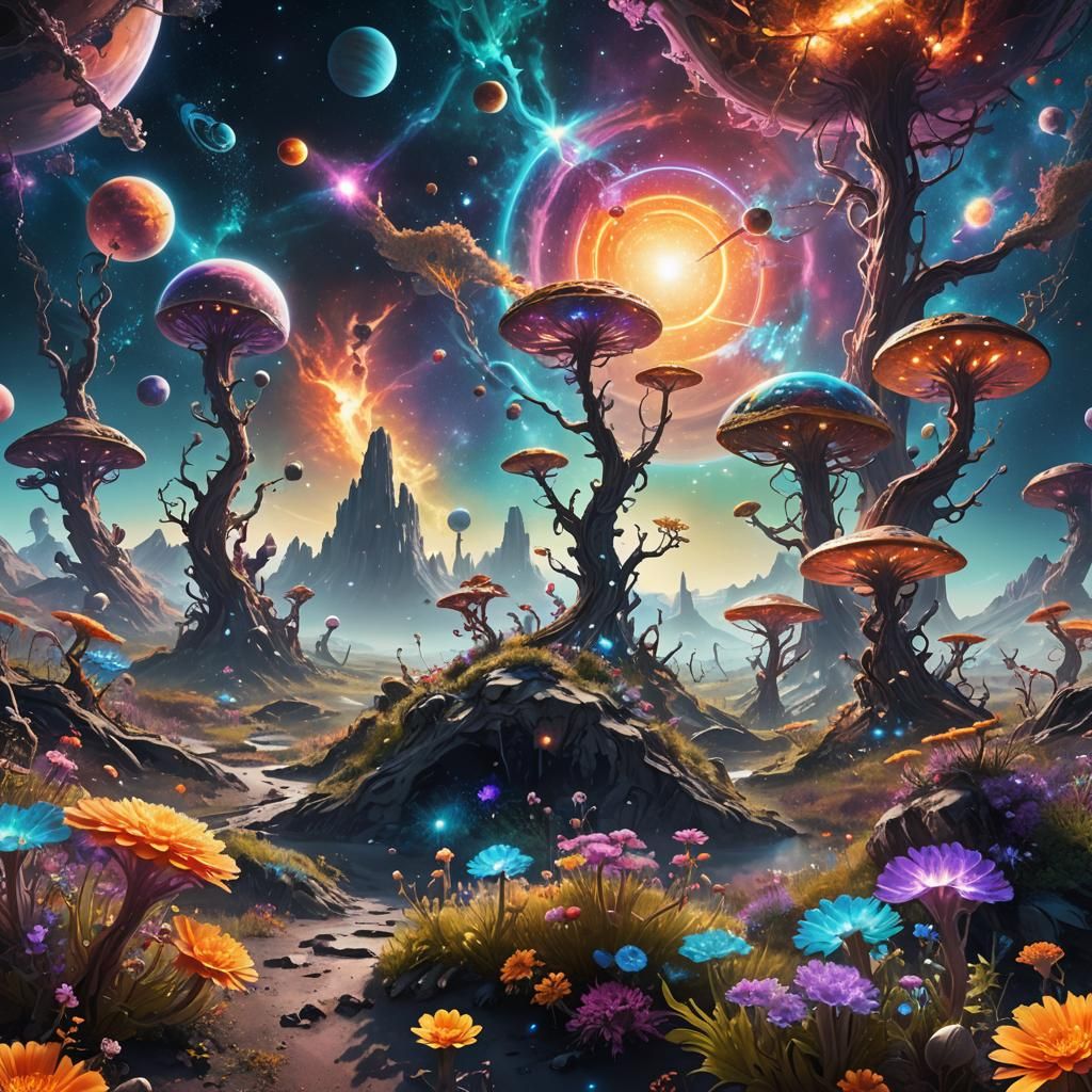 Cosmic Fantasy Landscape with Crystalline Planets
