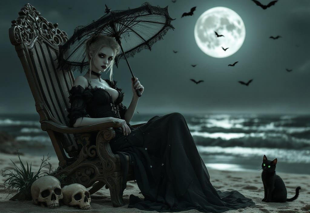 Gothic Woman on Beach Under Moonlight