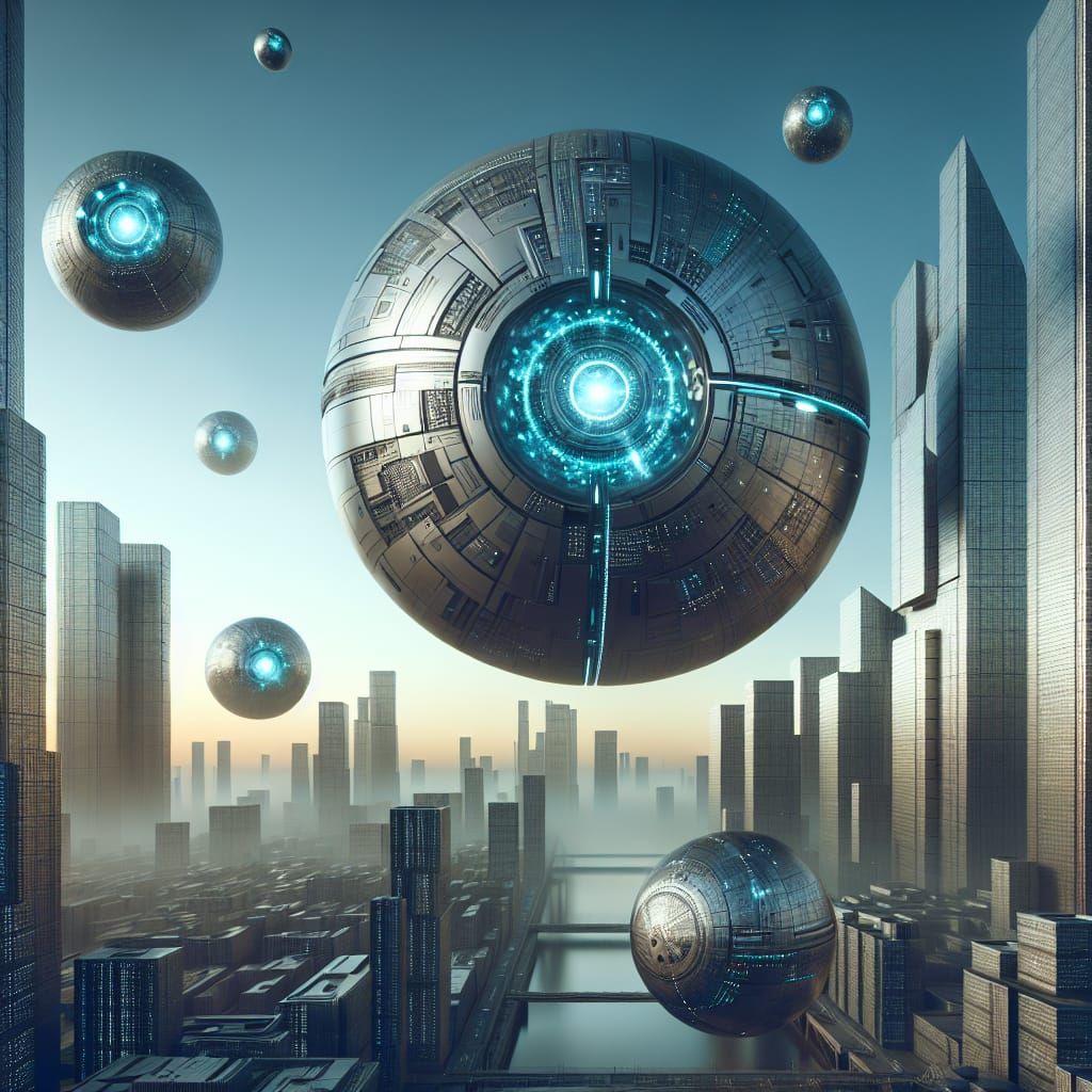 Futuristic Skyline Dominated by Floating Metallic Sphere