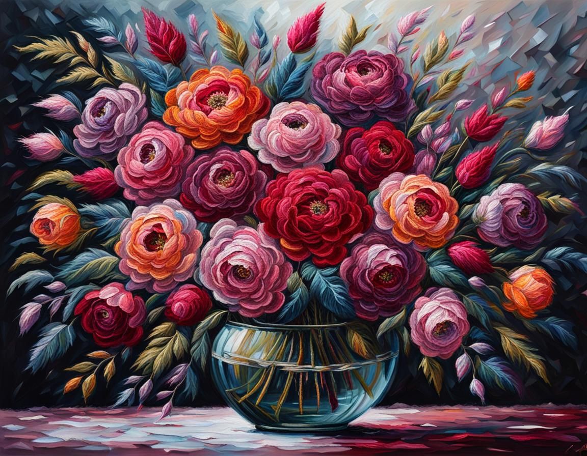 Elegant Embroidered Summer Bouquet in Expressionist Style