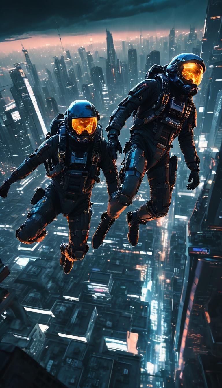 High-Tech Skydivers Descend Over Cyberpunk Cityscape