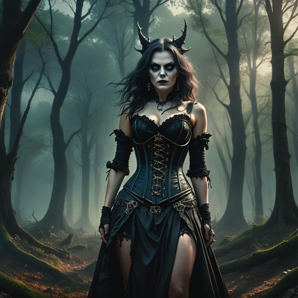 Dramatic Witch in Corset in Dark Woods