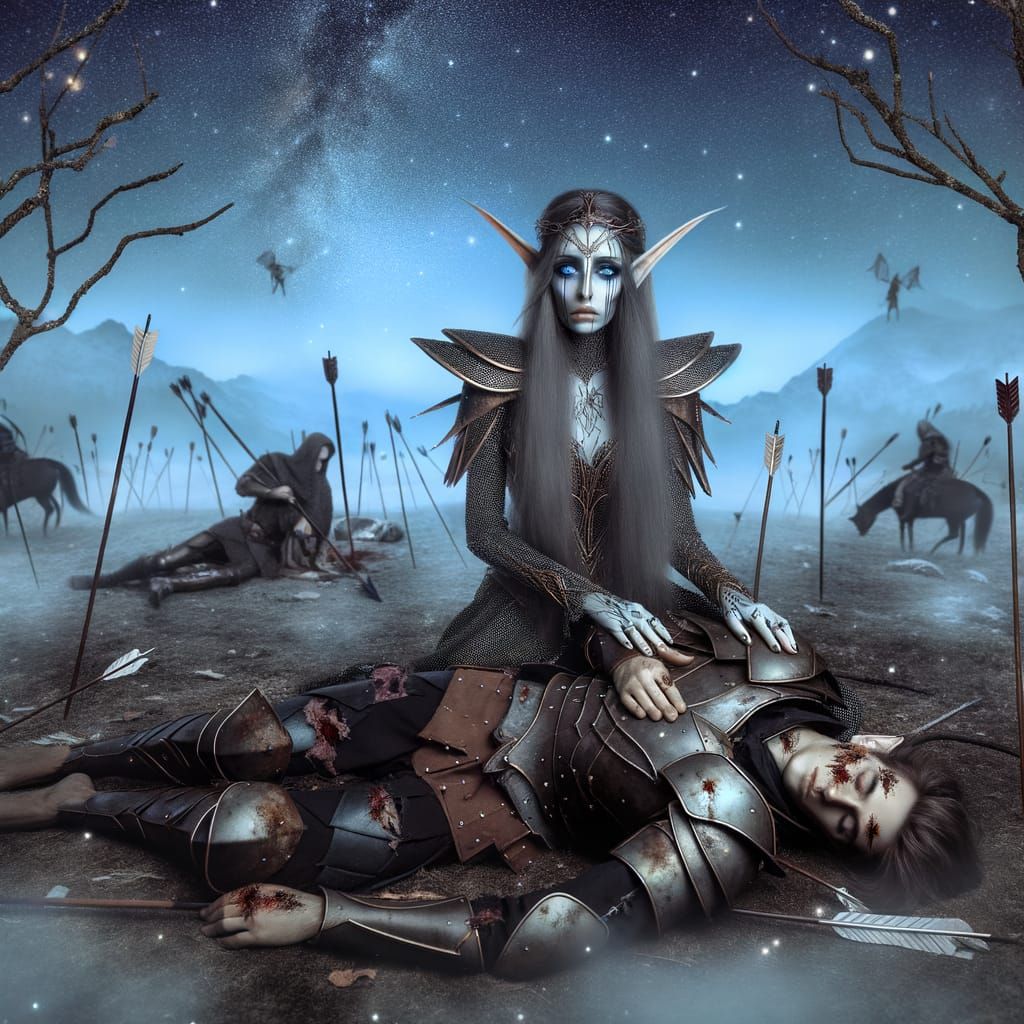 Ethereal Elven Sorrow in Starlit Battle