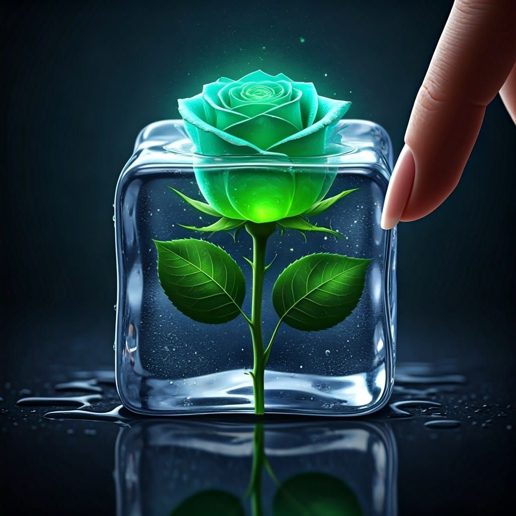 Glowing Green Rose in Crystal Ice Cube Scene