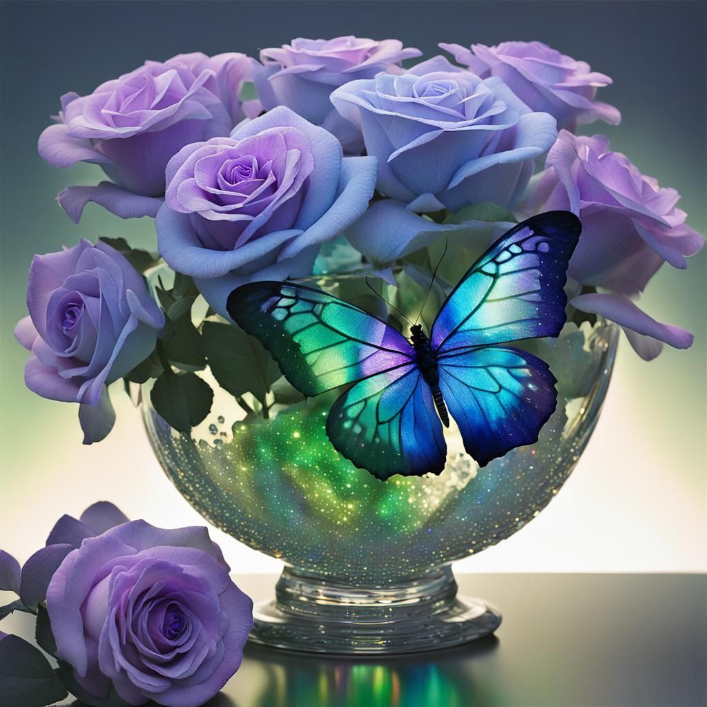 Iridescent Butterfly on Green Roses in Crystal Vase