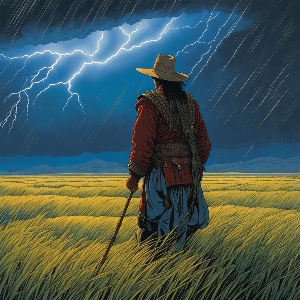 Prairie Lightning Storm, Moebius-Style Illustration