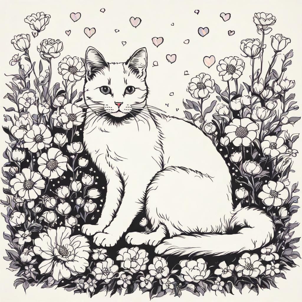 Cute Cat Surrounded by Flowers and Heart Lights