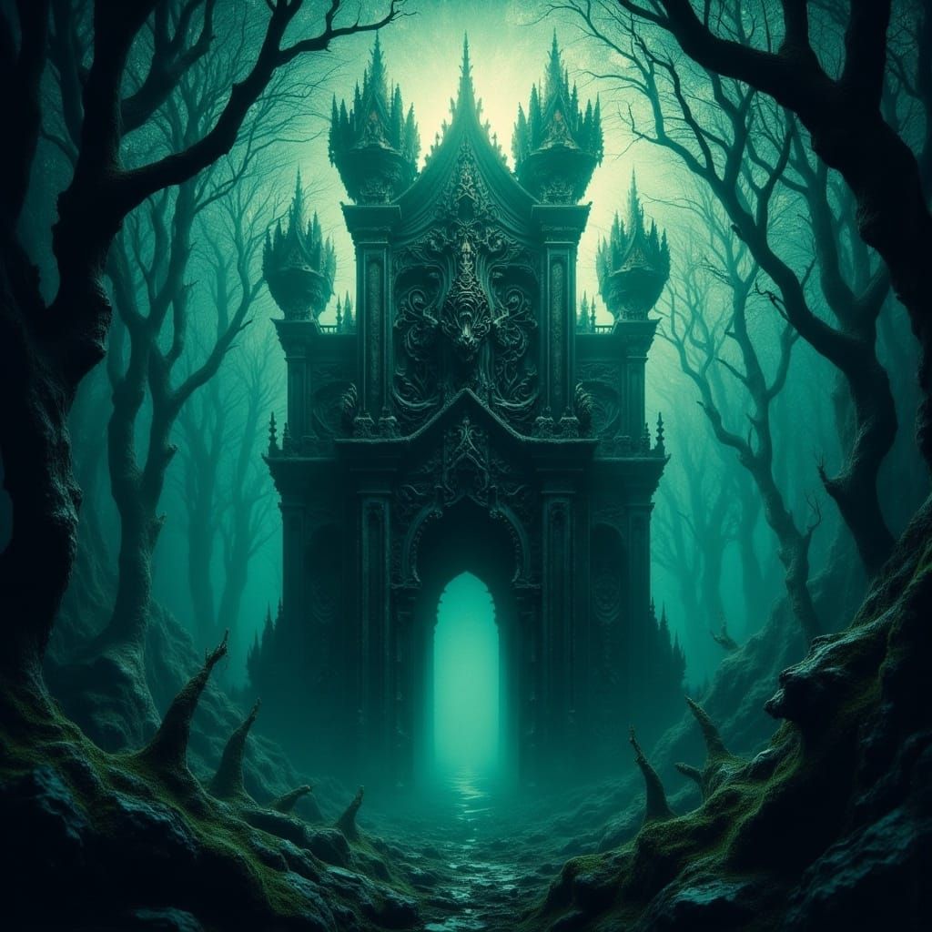 Mystical Emerald Island Temple in Dreamlike Style