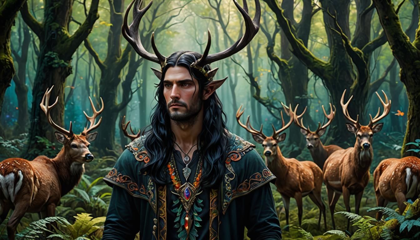 Mystical Deer Horned Man in Colorful Forest