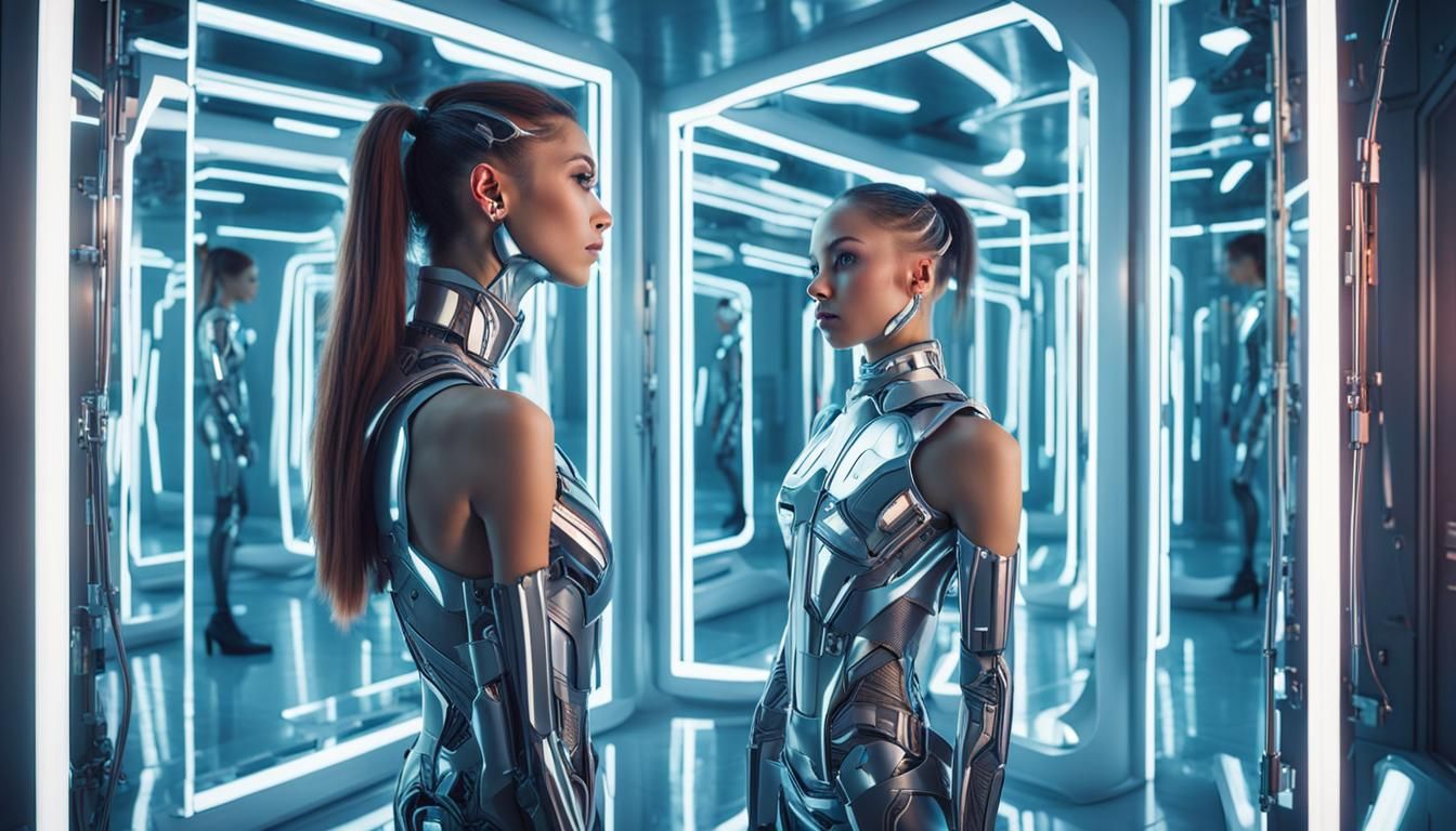 Beautiful Cyborg Girl in Futuristic Room