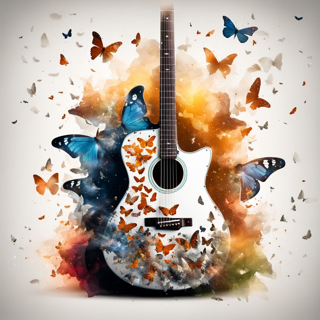 Exploding Guitar Double Exposure with Butterflies