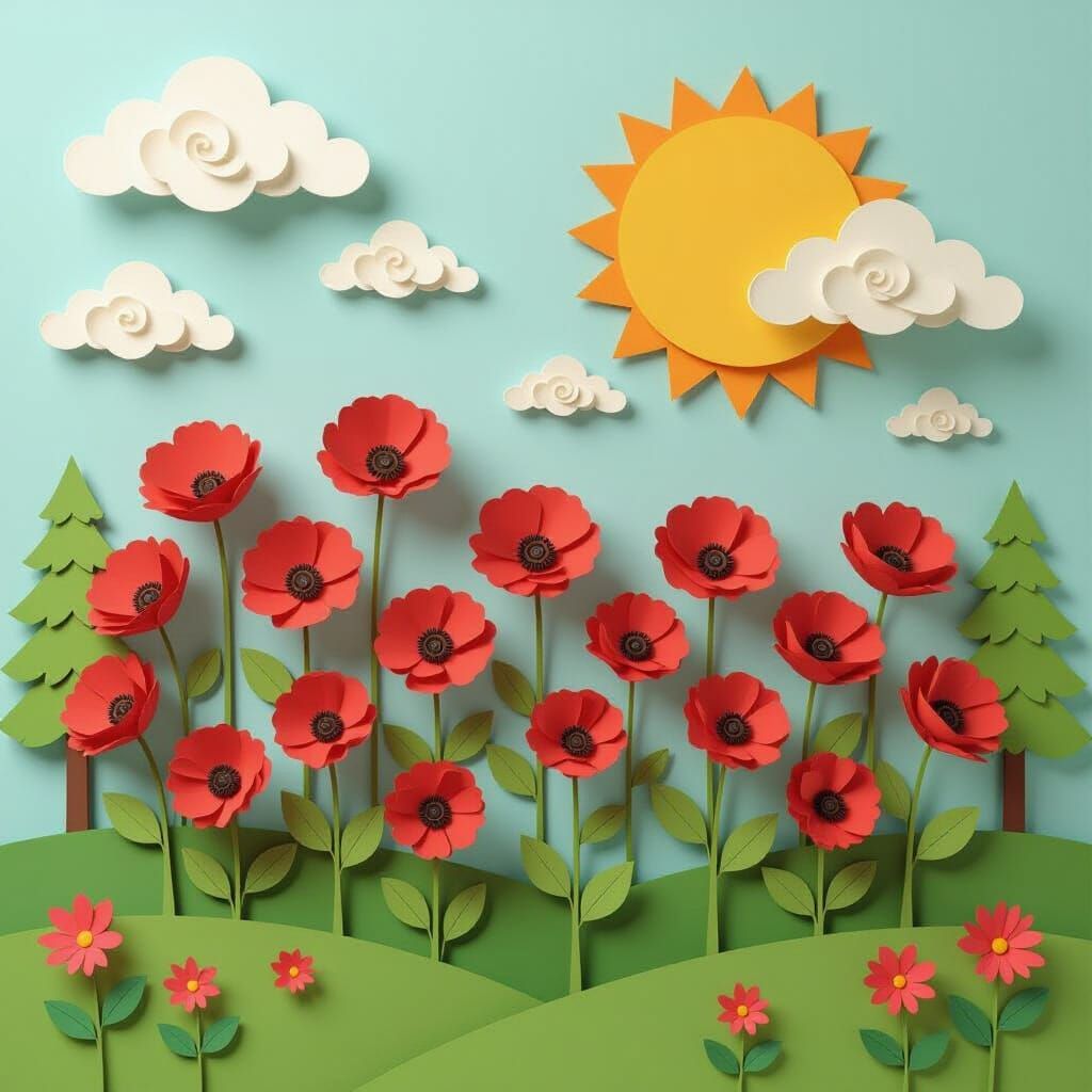 Paper Poppies Field in Layered 3D Scene