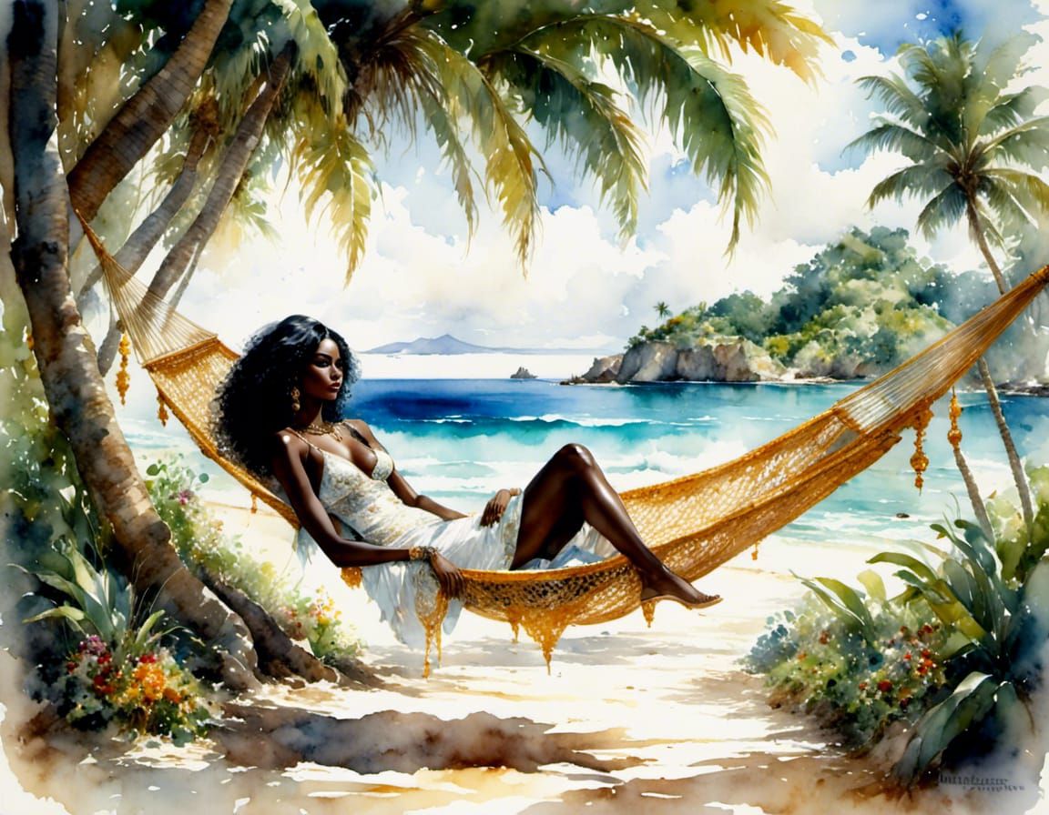 Caribbean Woman in Hammock, Watercolor Portrait