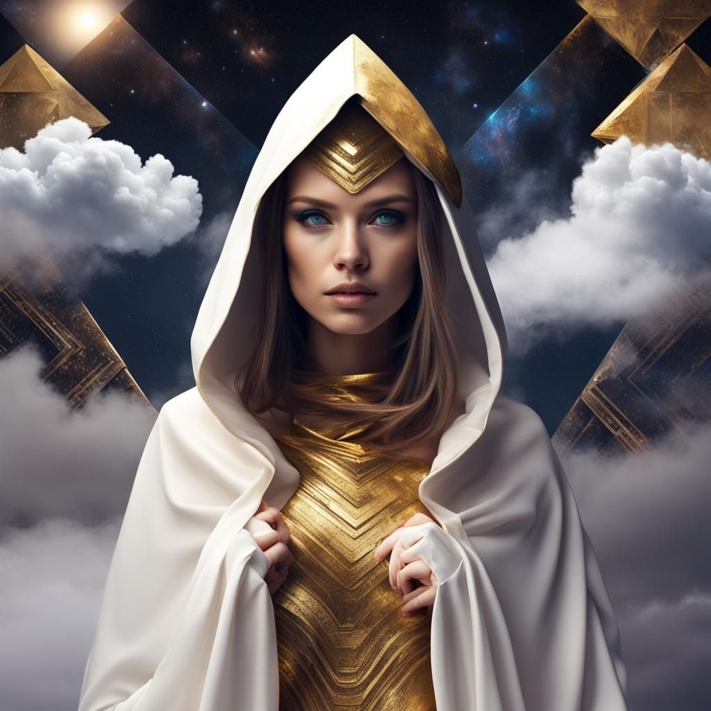 Galactic Cat-Woman in Golden Gown on Clouds