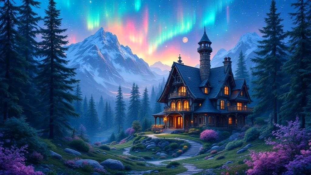 Enchanted Mountain Estate Under Springtime Aurora