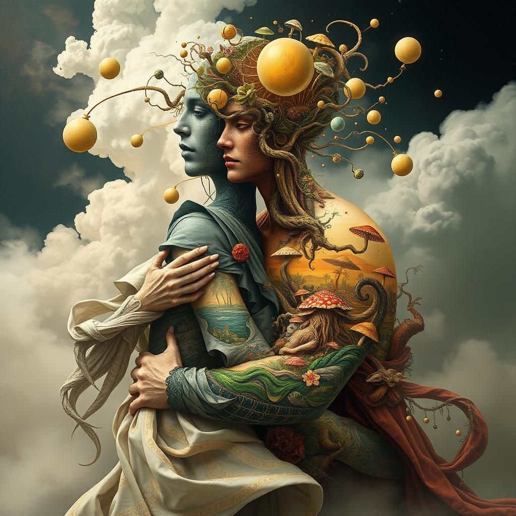 Surreal Figures Intertwined with Dreamlike Mindscape