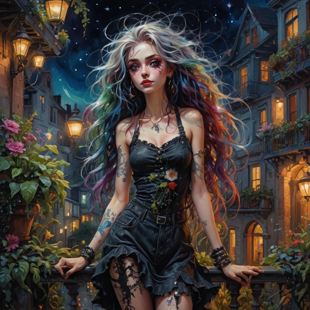 Fantasy Oil Painting: Mischievous Woman on Balcony