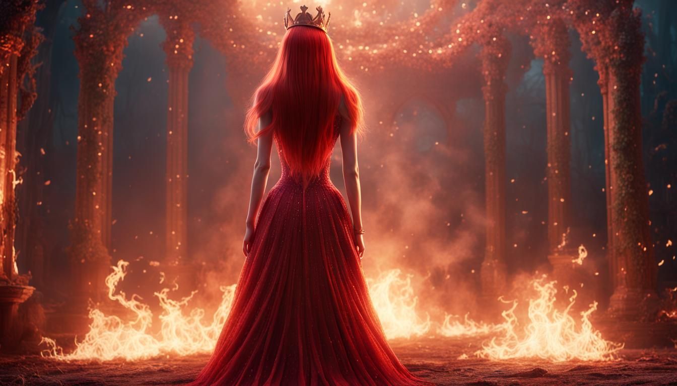 Girl in Red Gown Amidst Fire, Fantasy Art