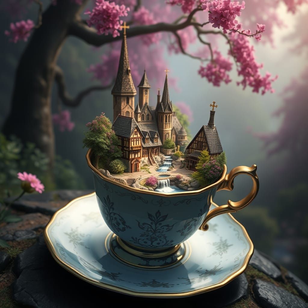 Teacup Village: A Medieval Fantasy Art Piece