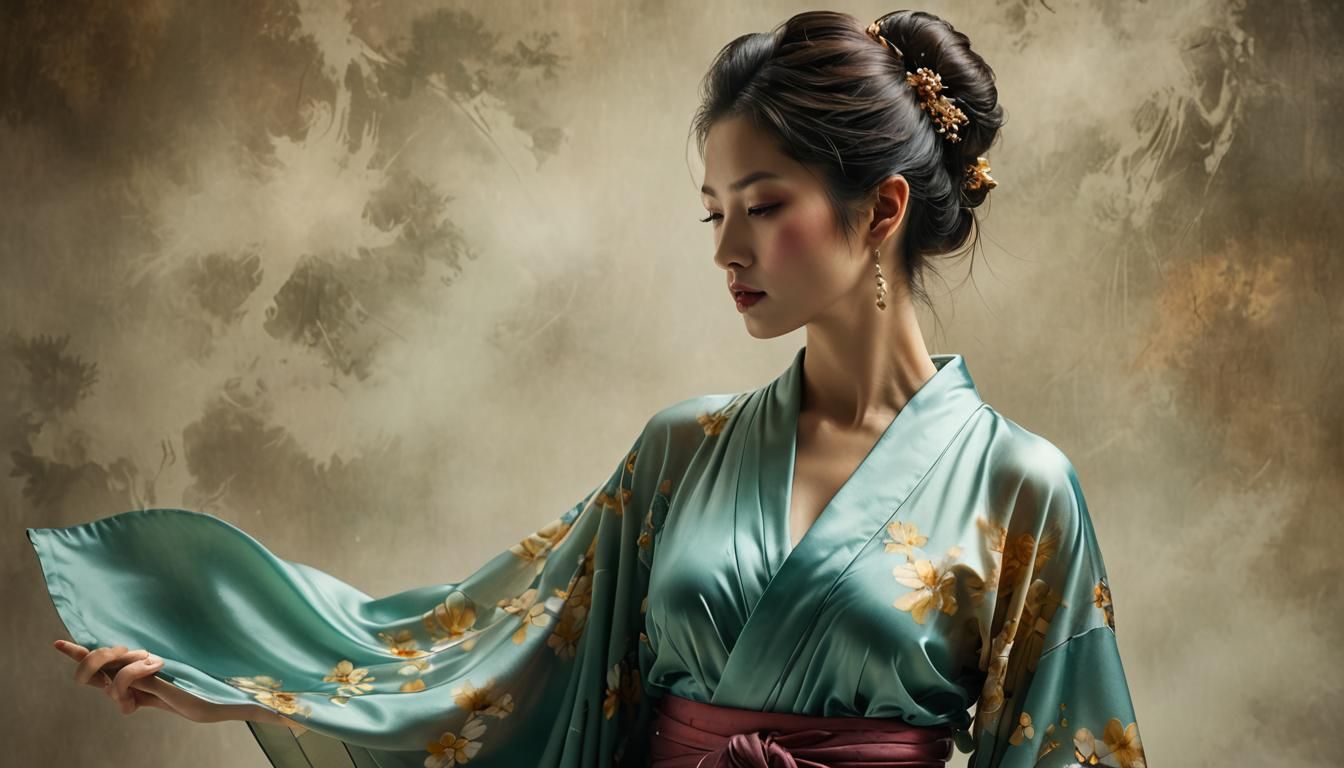 Graceful Woman in Kimono: Tonalism Double Exposure
