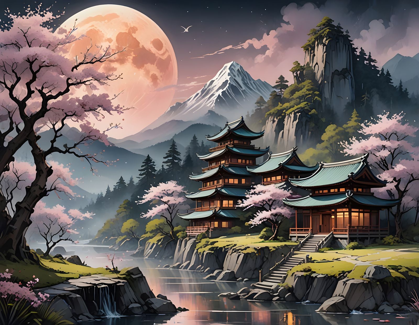 Cherry Moon Landscape in Watercolor Style