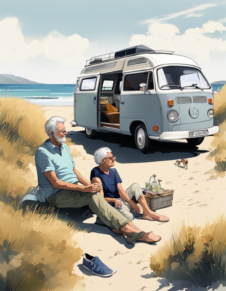 Couple Relaxing by Grey Campervan on Beautiful Beach