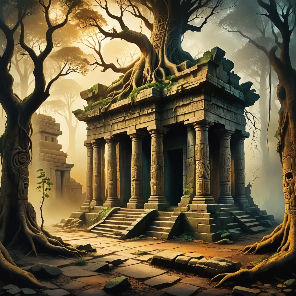 Mystical Sumerian Temple Ruins in Dreamlike Forest