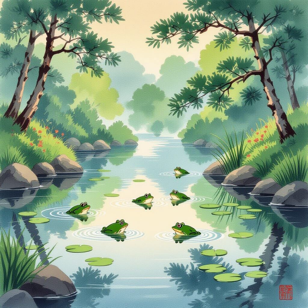 Frogs Jumping in a Pond: Ukiyo-e Style