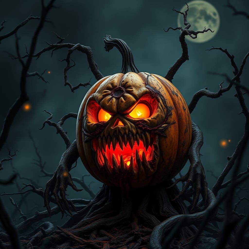 Grotesque Pumpkin Villain in Halloween Landscape