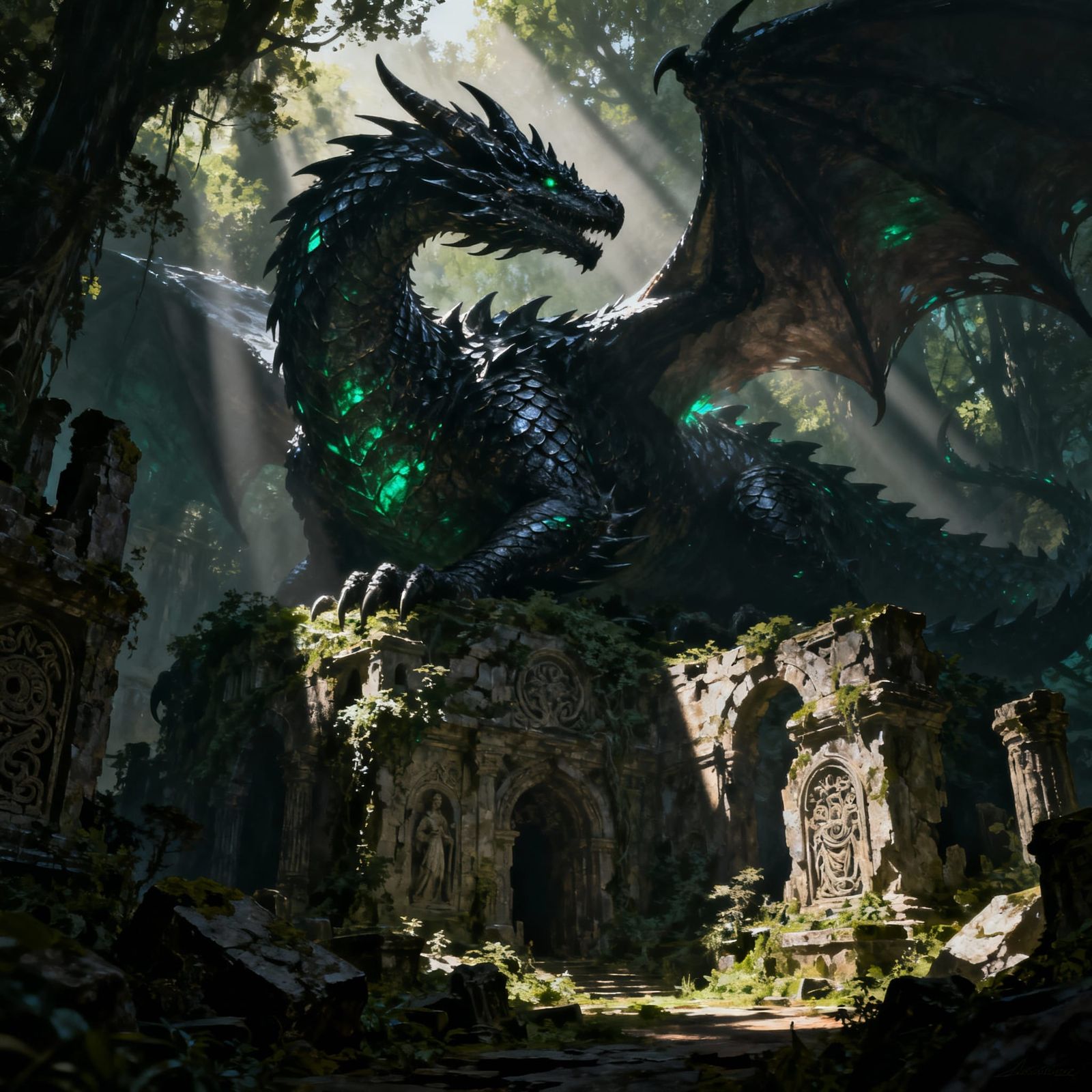 Ancient Dragon Overlooks Ruined City in Dark Fantasy Style