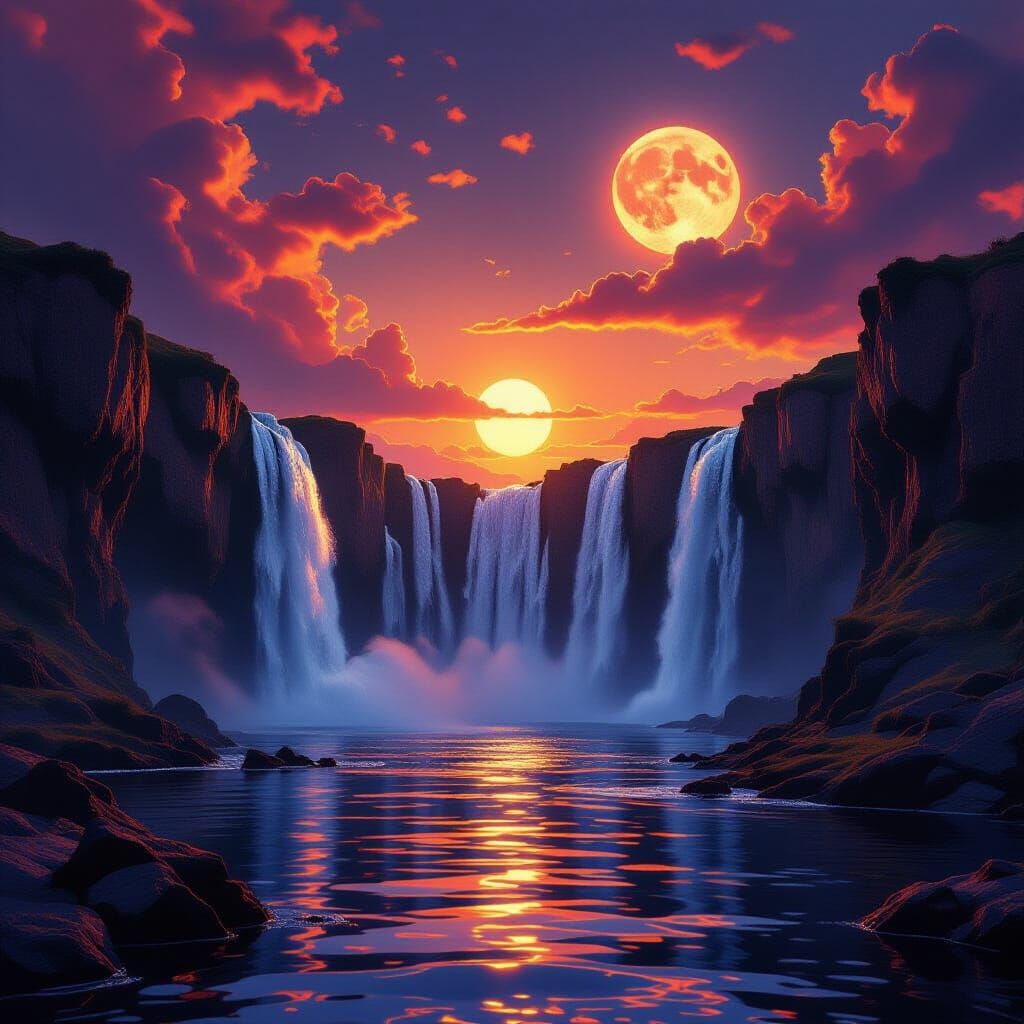 Obsidian Waterfall Under Double Sunset Sky