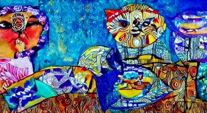 Woman and Cat Breakfast Scene in Abstract Style