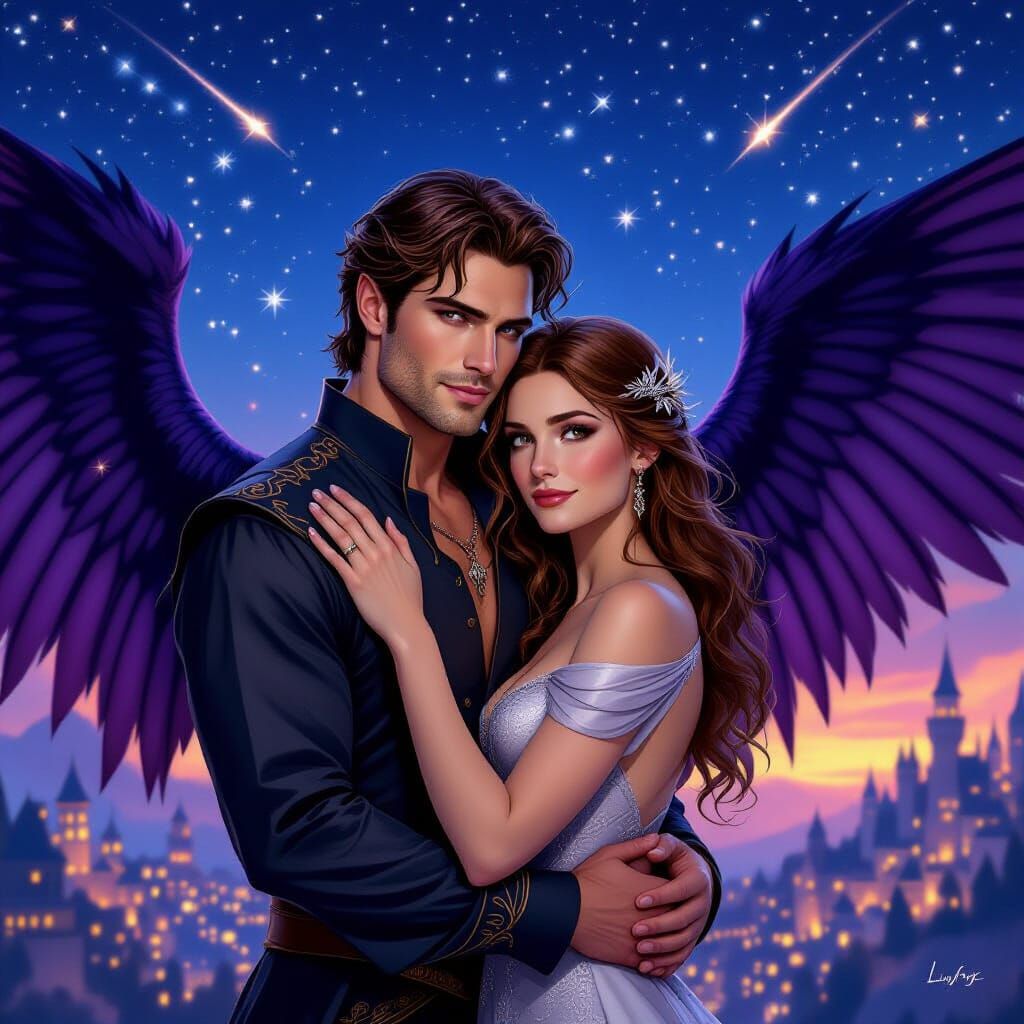 Rhysand and Feyre Embrace Under Starry Velaris Sky