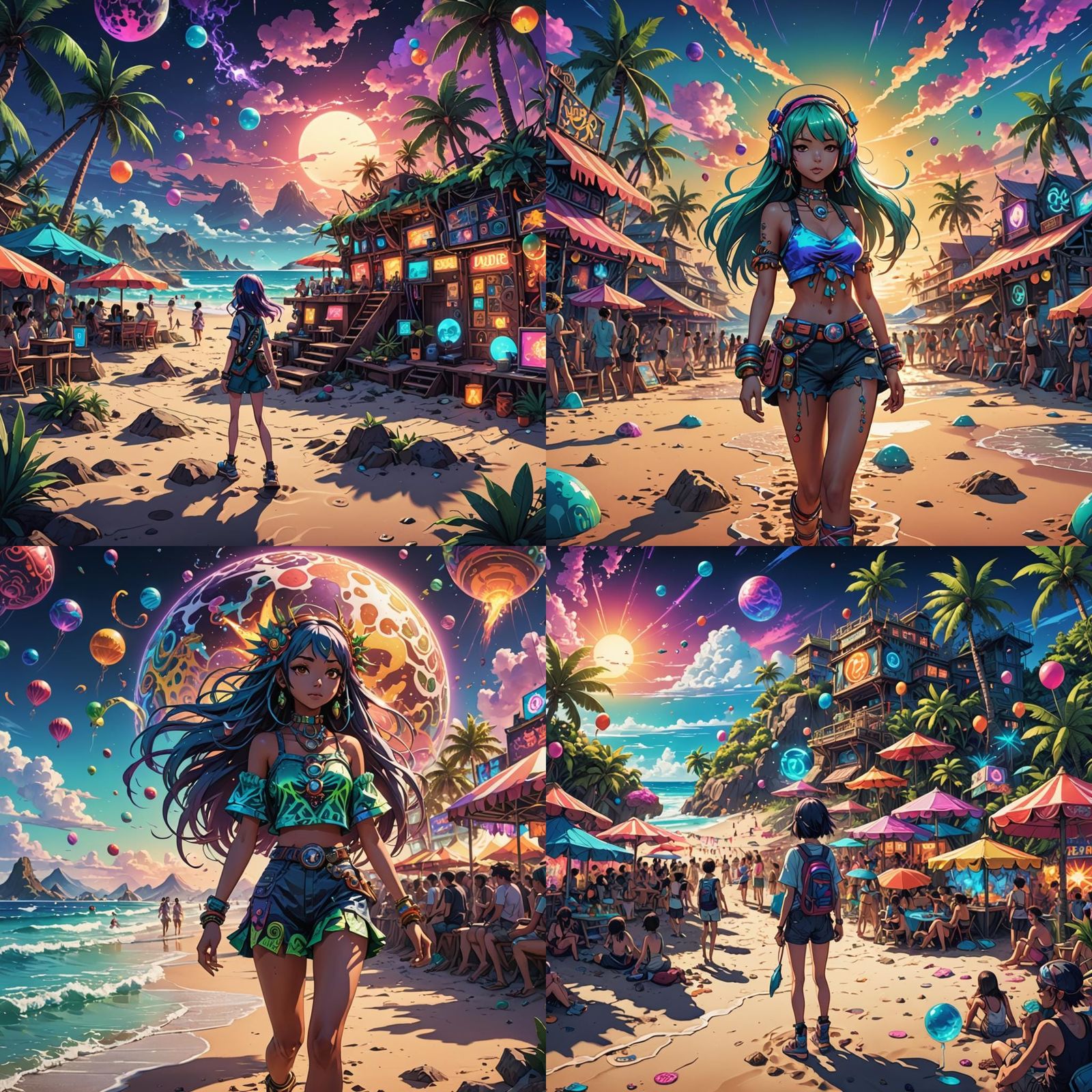 Psychedelic Beach Party in Anime Style